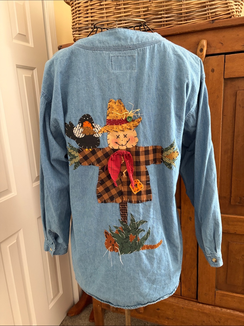 VINTAGE Upcycled Fall Patchwork Denim Shirt Scarecrow, Cat, Cornstalk Pumpkin